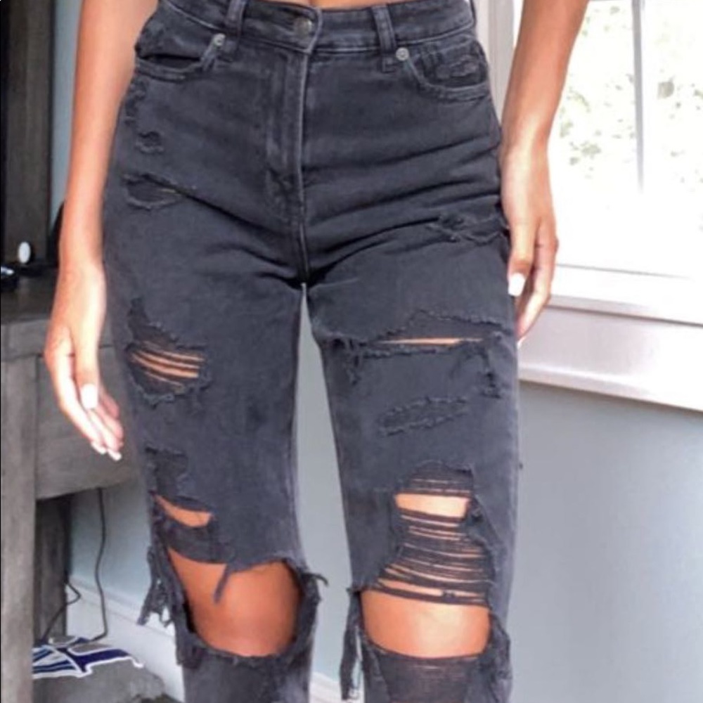 american eagle black ripped distressed mom jeans